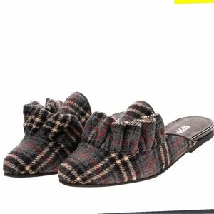 NWT Anthropologie VV14 Italian Plaid Rouches Tartan Grigio Mules size 7.5-8